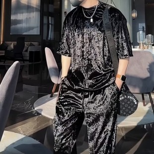 新款 夏季 时尚 潮流宽松弹力潮t 男 高级感免烫T恤套装 休闲裤 男短袖