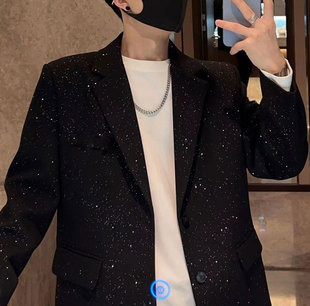 高端夜店发型师西服男士秋冬季新款时尚潮流宽松休闲黑色西装外套