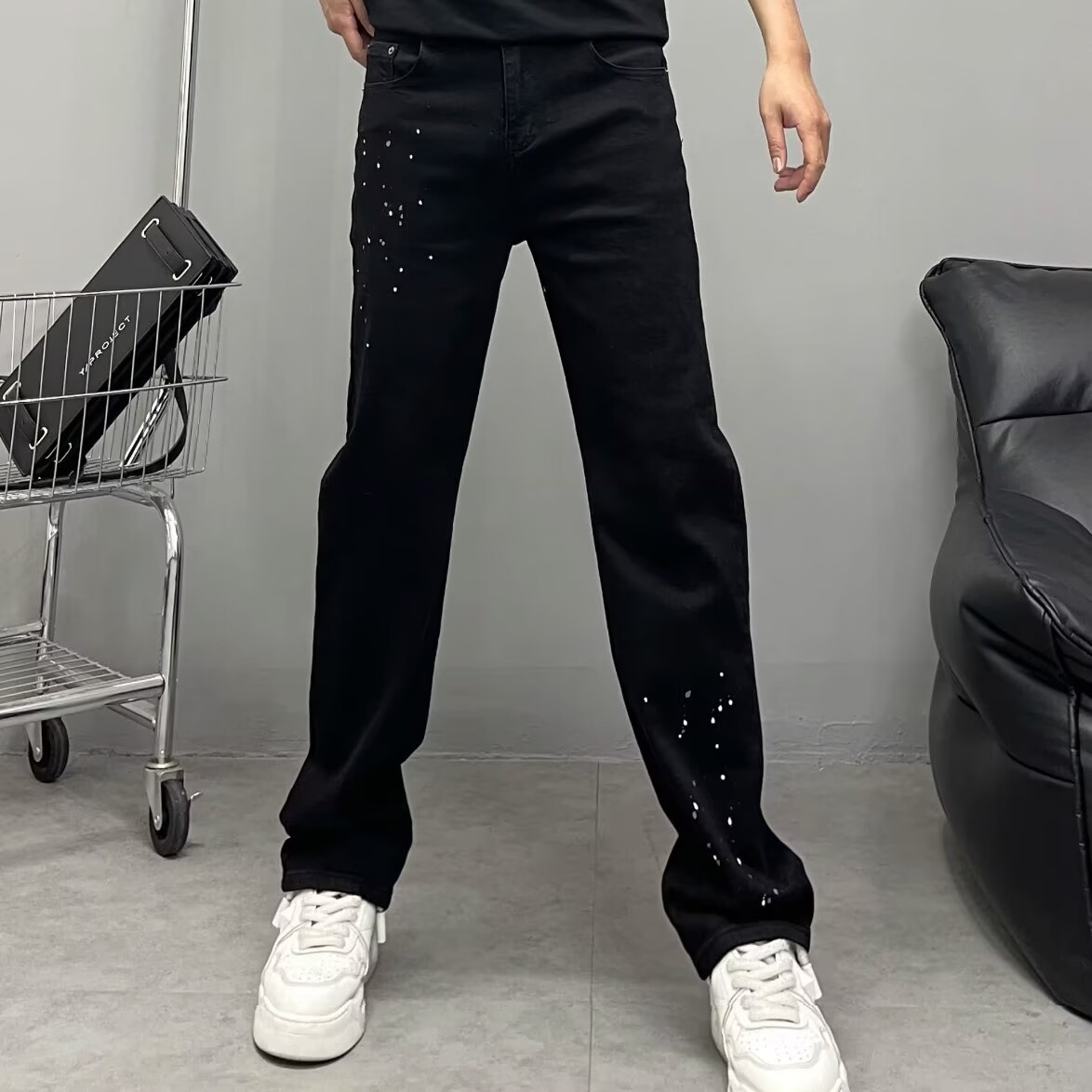 设计款泼墨牛仔裤男黑色秋冬季新