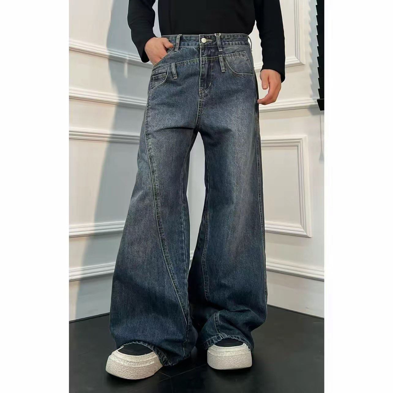 高级感拼接弯刀裤男宽松潮流个性牛仔裤男直筒美式休闲高街阔腿裤,男装,牛仔裤,淘宝优惠券,粉丝福利购,淘宝优惠卷
