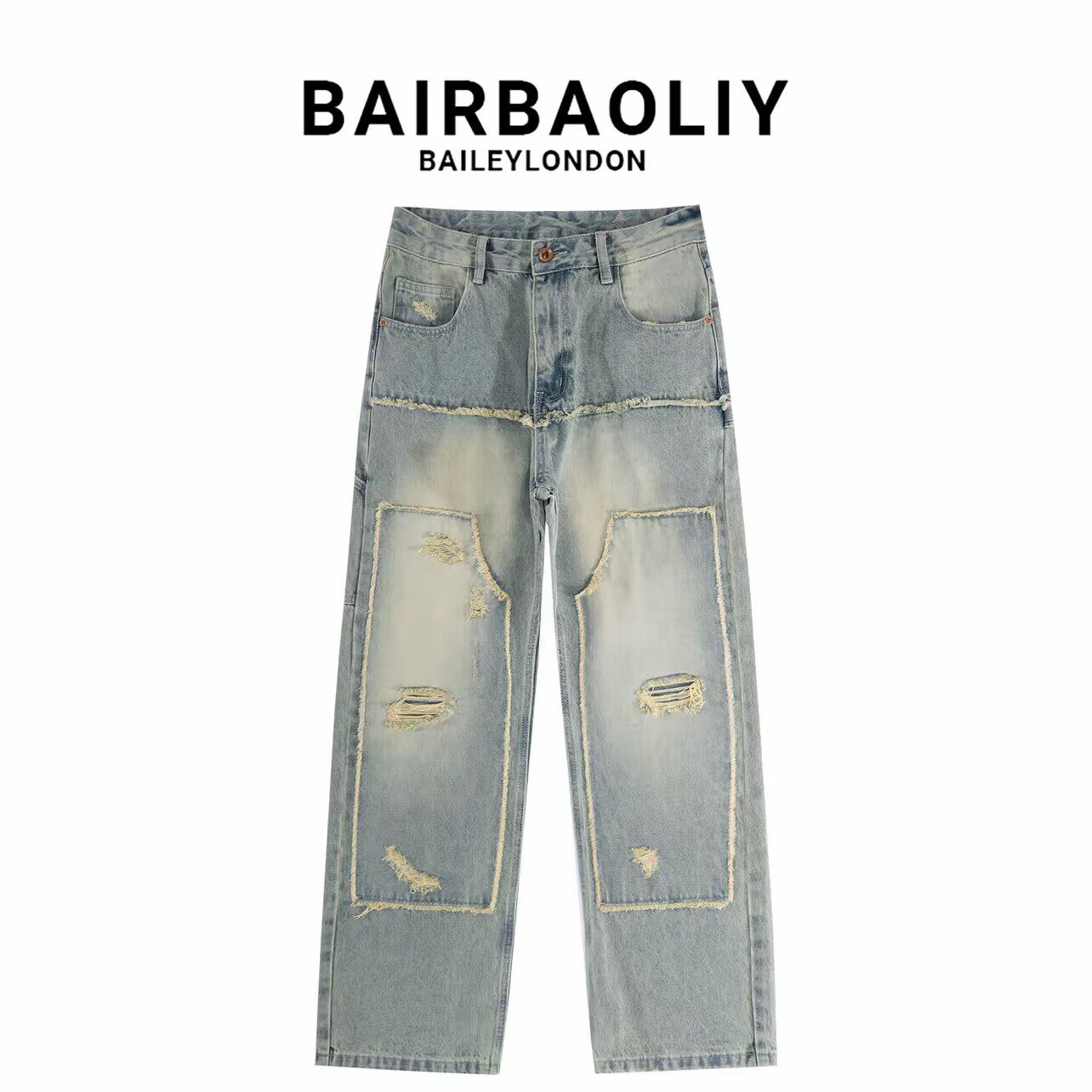 高端美式复古蓝色牛仔裤男宽松破洞做旧直筒裤春夏季新款刮烂长裤