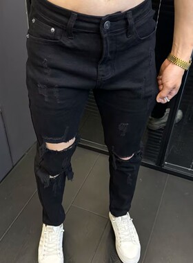 设计款破洞牛仔裤男修身小脚2025夏季新款韩版刮烂弹力休闲长裤子