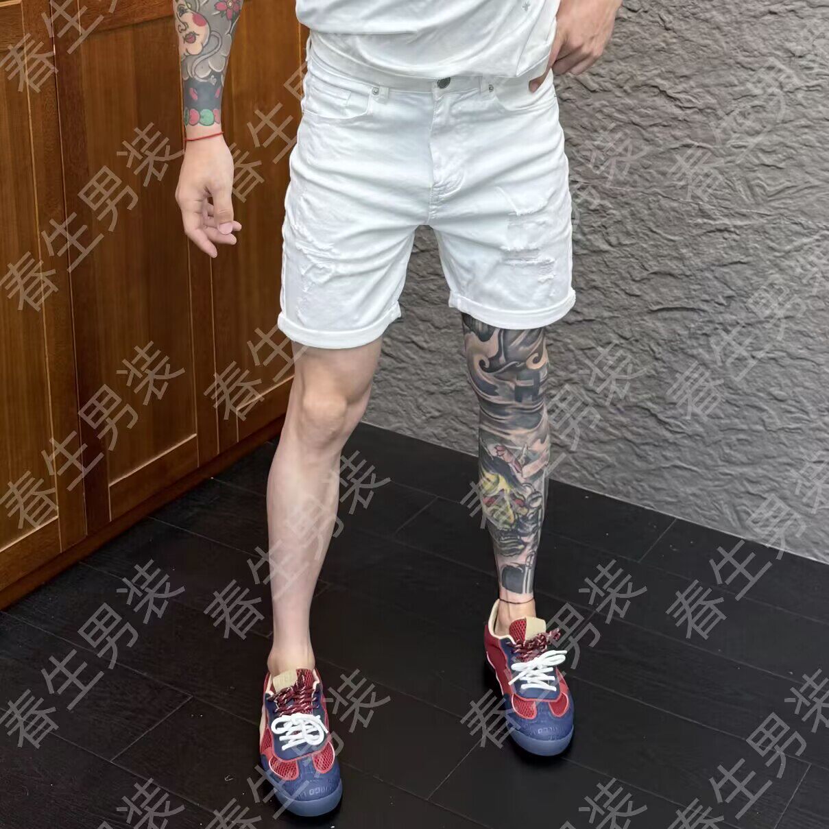 设计款刮烂牛仔短裤男破洞2025夏季新款中裤纯色百搭修身五分裤潮