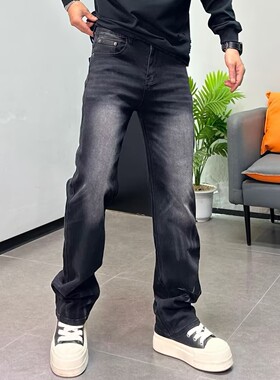 设计款扎染牛仔裤男宽松美式休闲做旧复古黑灰色显瘦直筒拖地长裤