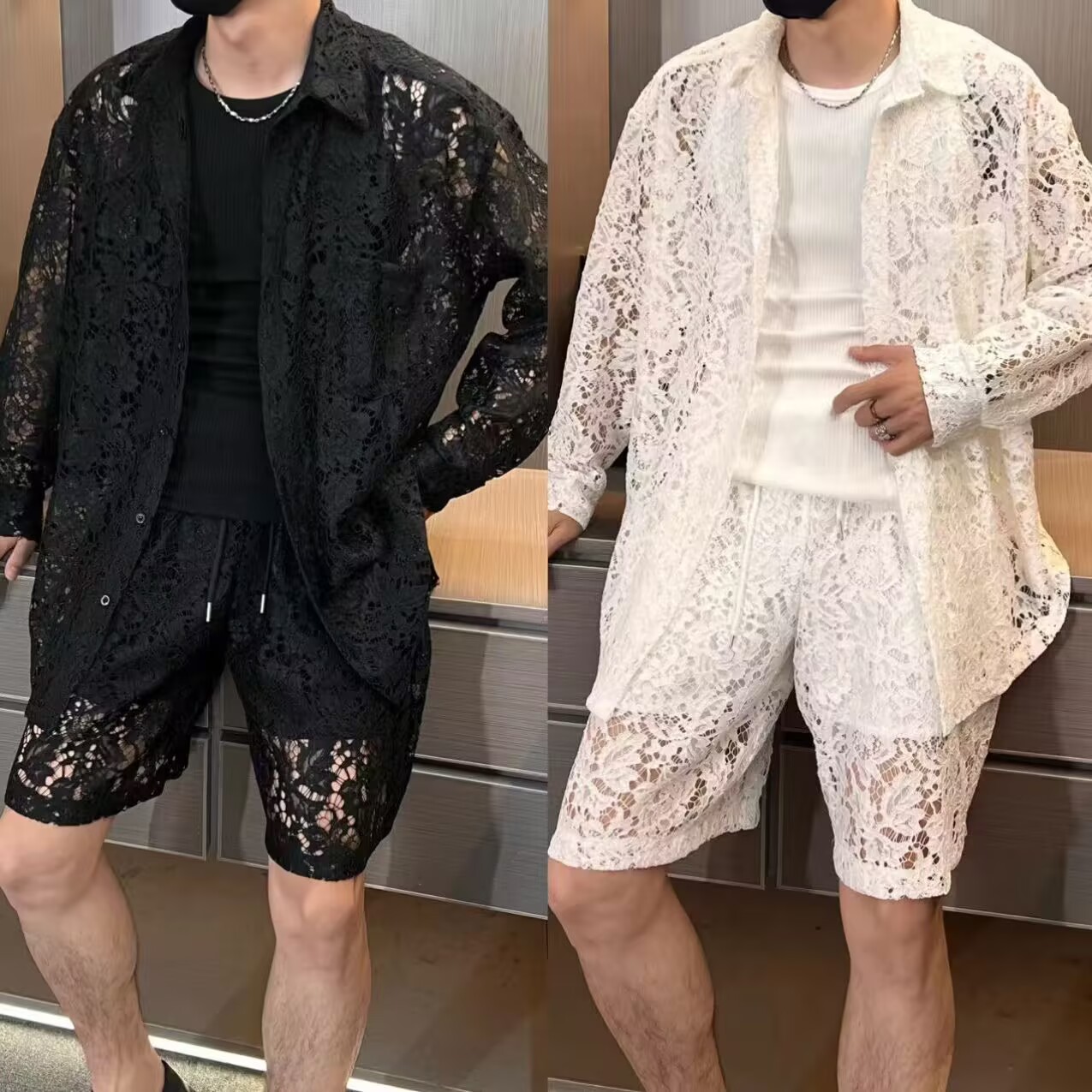 设计款蕾丝镂空衬衫男套装2025