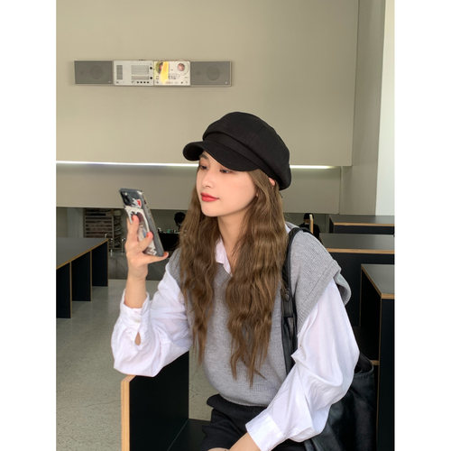 芝士商店显脸小黑色复古报童帽女