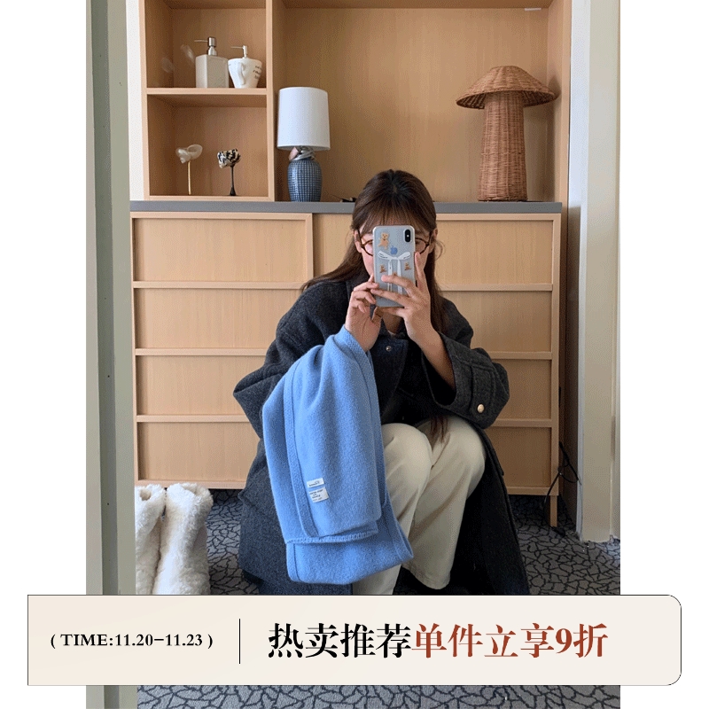 定制款~蓝色美利奴纯羊毛围巾女秋冬韩系氛围感保暖毛线针织围脖