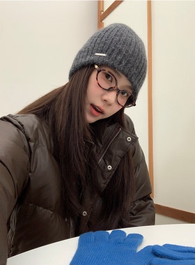 定制款~灰色兔毛针织帽女冬季韩国显脸小毛线帽子保暖冷帽堆堆帽