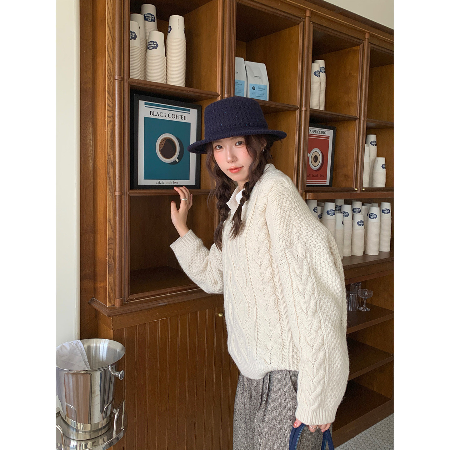 定制款~韩国蓝色针织平顶帽子女款复古气质礼帽显脸小羊毛渔夫帽