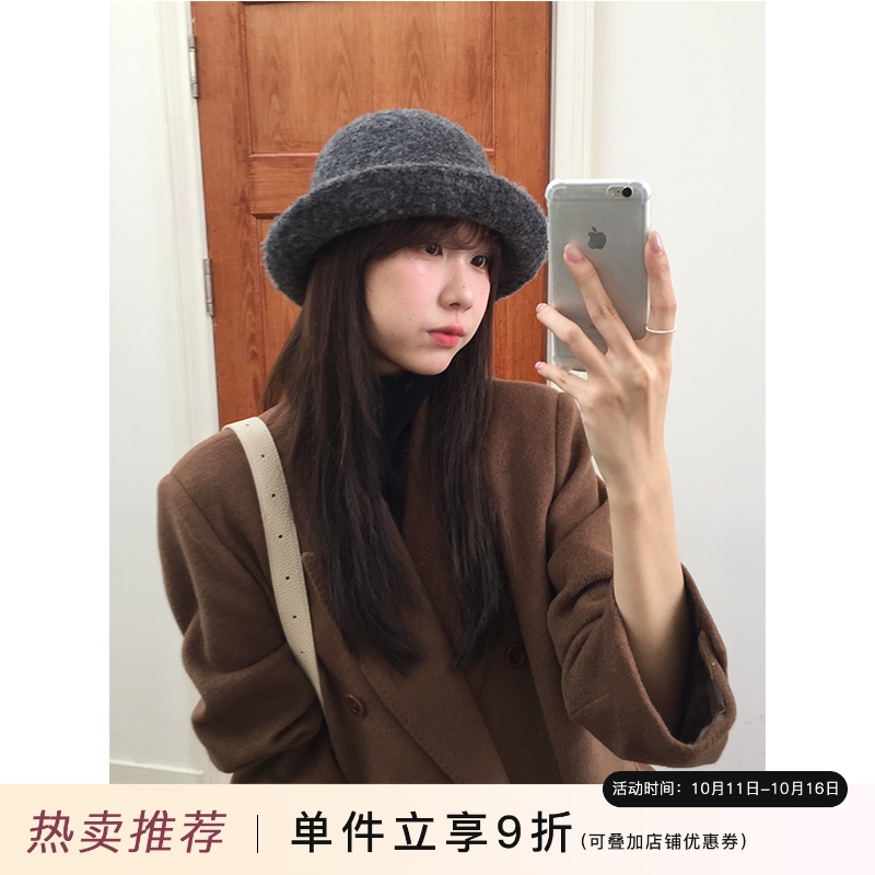 芝士商店~羊毛卷边渔夫帽女秋冬休闲帽子显脸小盆帽灰色千金礼帽