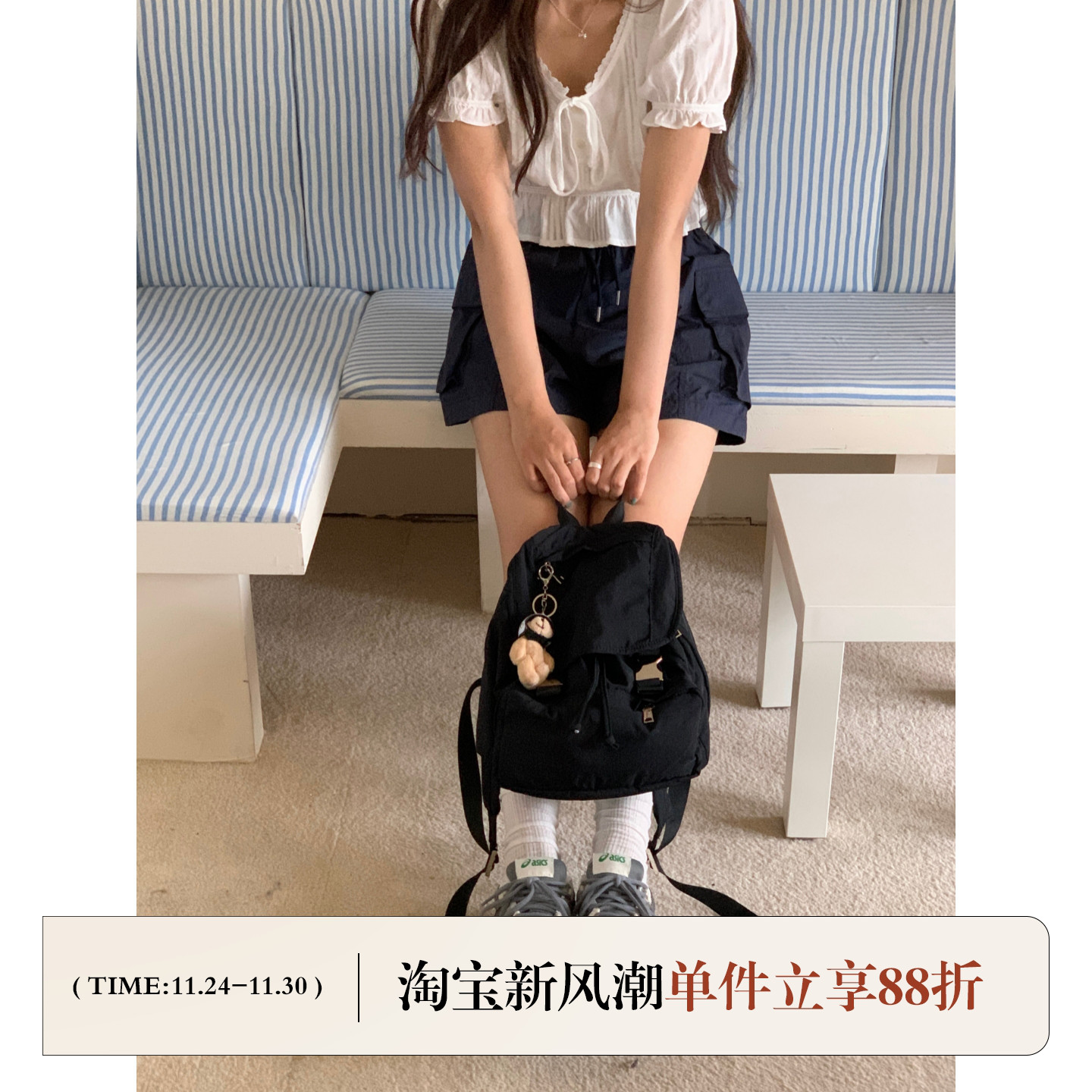 芝士商店~轻便双肩包女设计感黑色背包韩系小众通勤书包百搭包包