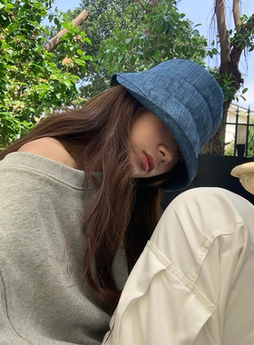 芝士商店~蓝色牛仔渔夫帽女秋季复古遮阳帽子防晒盆帽遮脸水桶帽