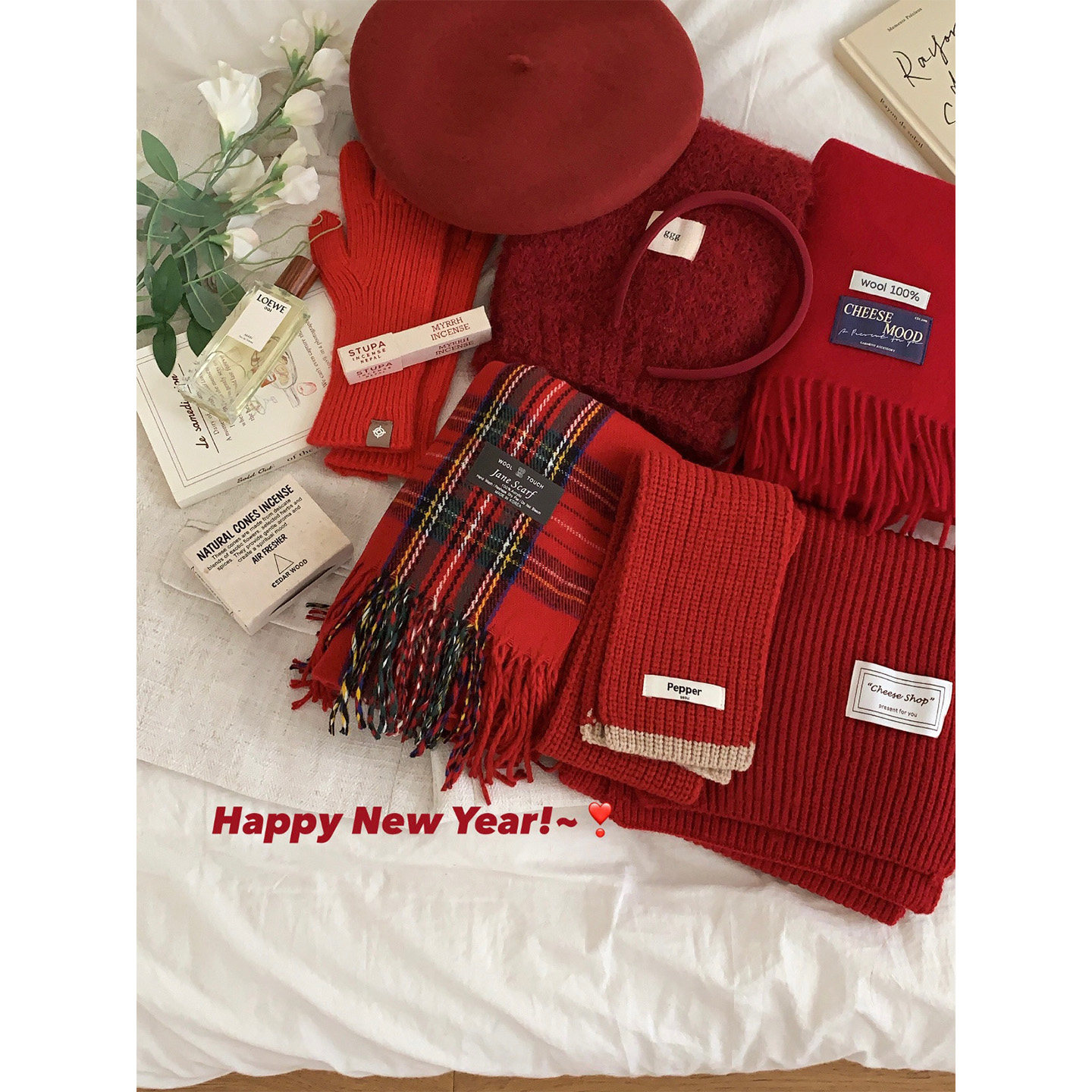 礼物套装~新年红格子围巾女冬季保暖韩系氛围感复古针织围脖披肩,服饰配件/皮带/帽子/围巾,围巾/丝巾/披肩,淘宝优惠券,粉丝福利购,淘宝优惠卷