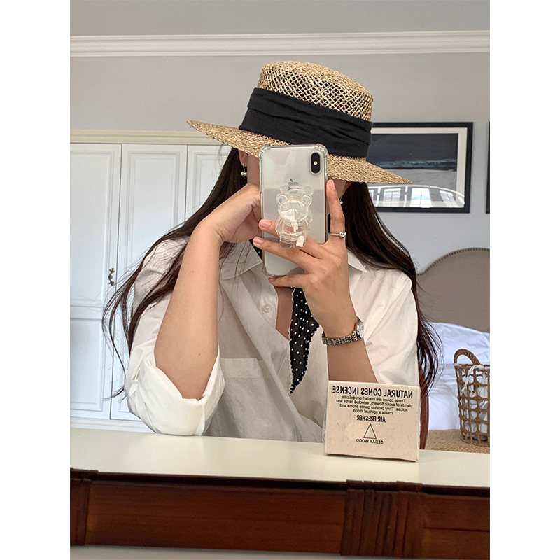 芝士商店~海边度假遮阳草帽女夏沙滩防晒编织帽子镂空平顶草编帽 - 实物图