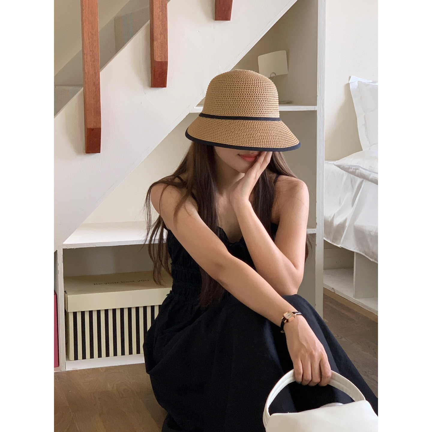 芝士商店~度假遮阳编织草帽女百搭圆顶草编帽子海边大帽檐防晒帽