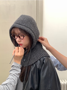 定制款~灰色针织巴拉克拉法帽女冬季毛线帽连帽围脖围巾帽子一体
