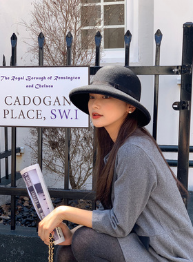 fever同款~法式赫本风渔夫帽女冬季复古大帽檐黑色礼帽显脸小帽子