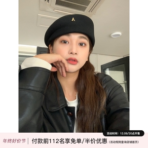 出口韩国~黑色羊毛贝雷帽女2023秋冬新款帽子复古羊毡帽报童帽ins