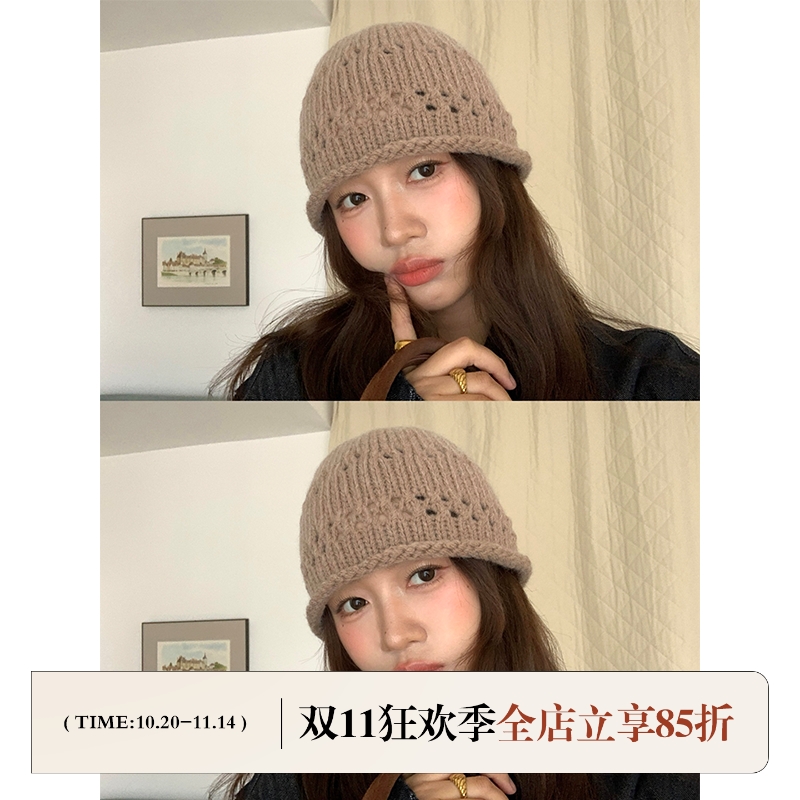 芝士商店~镂空针织卷边毛线帽