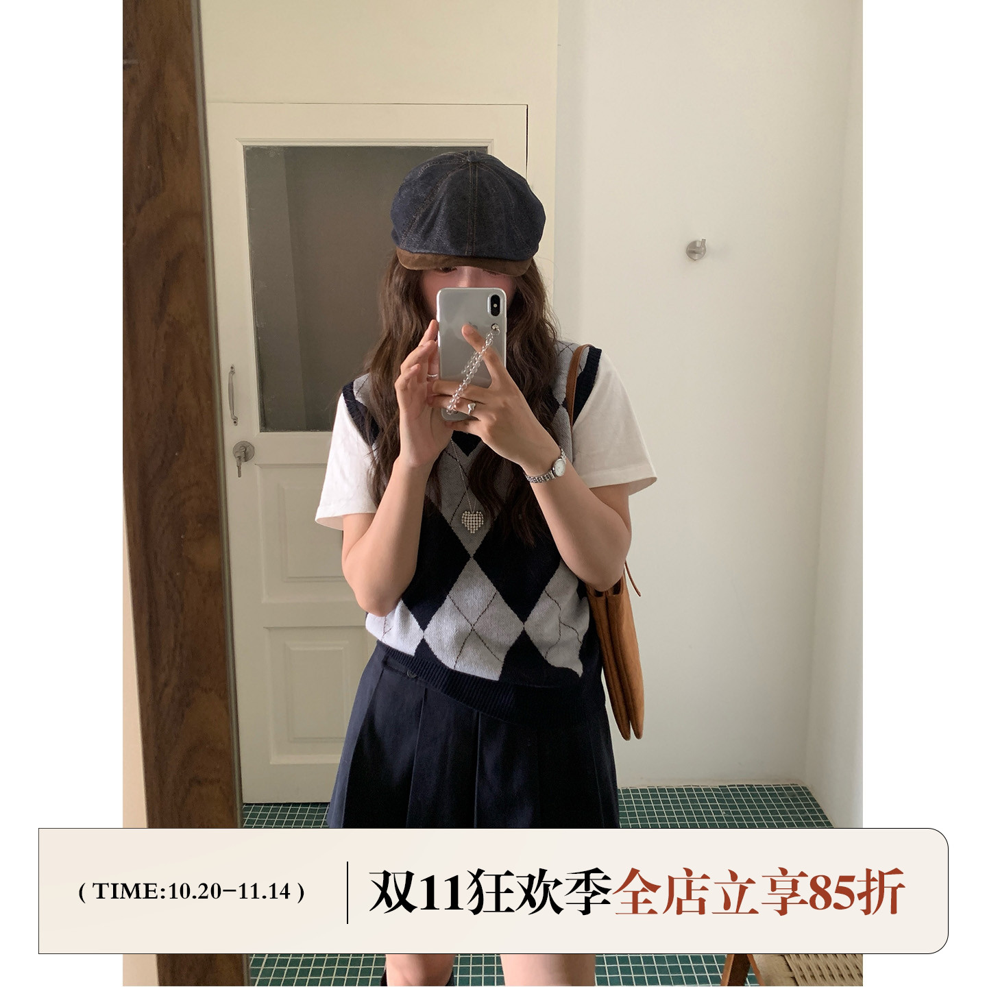 芝士商店~复古牛仔拼接前进帽女