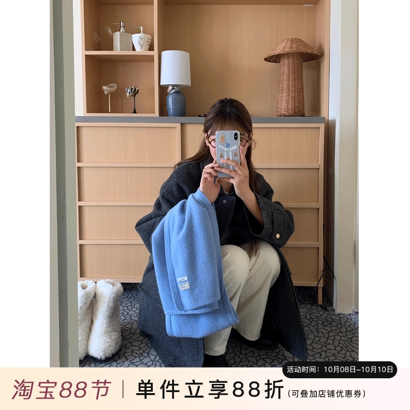 定制款~蓝色美利奴纯羊毛围巾女秋冬韩系氛围感保暖毛线针织围脖