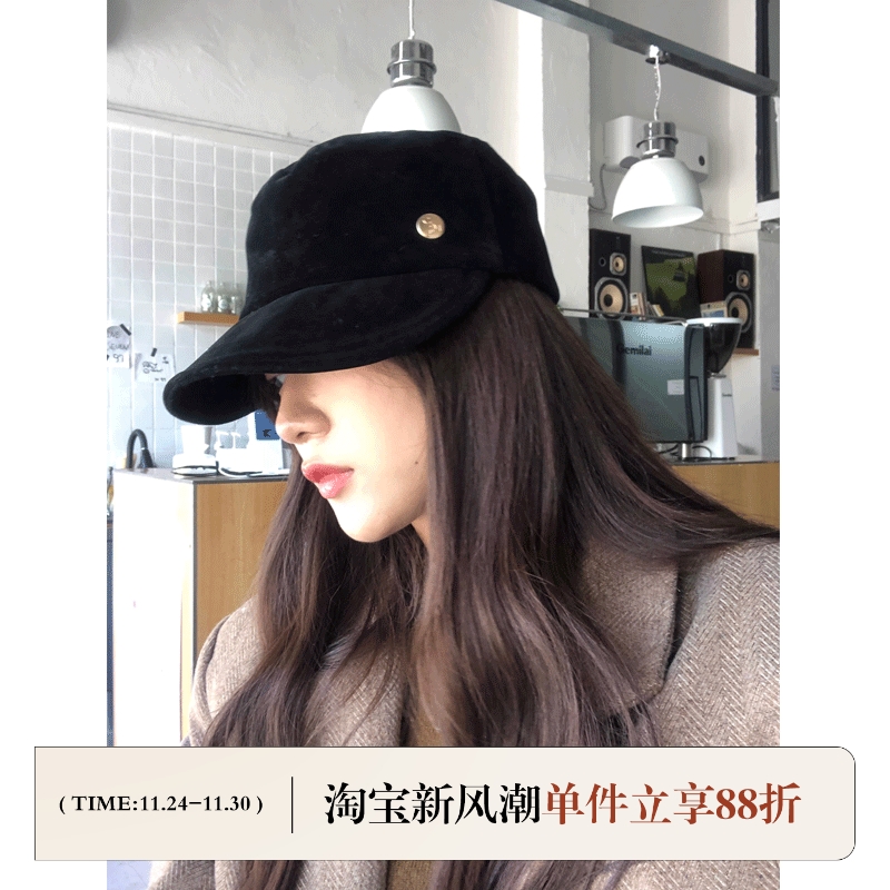 定制款~麂皮绒平顶报童帽女秋冬黑色英伦贝雷帽子复古礼帽马术帽