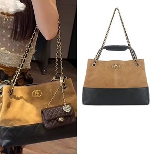 小香风麂皮拼色手提包简约轻奢设计上下班通勤逛街大容量女包