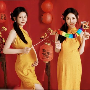 新年主题孕妇照服装 小清新中式 复古孕妈咪艺术照写真摄影礼服 修身