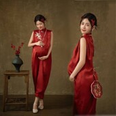 新中式 新款 影楼孕妇摄影服装 刺绣红色旗袍孕妈咪写真艺术照连衣裙
