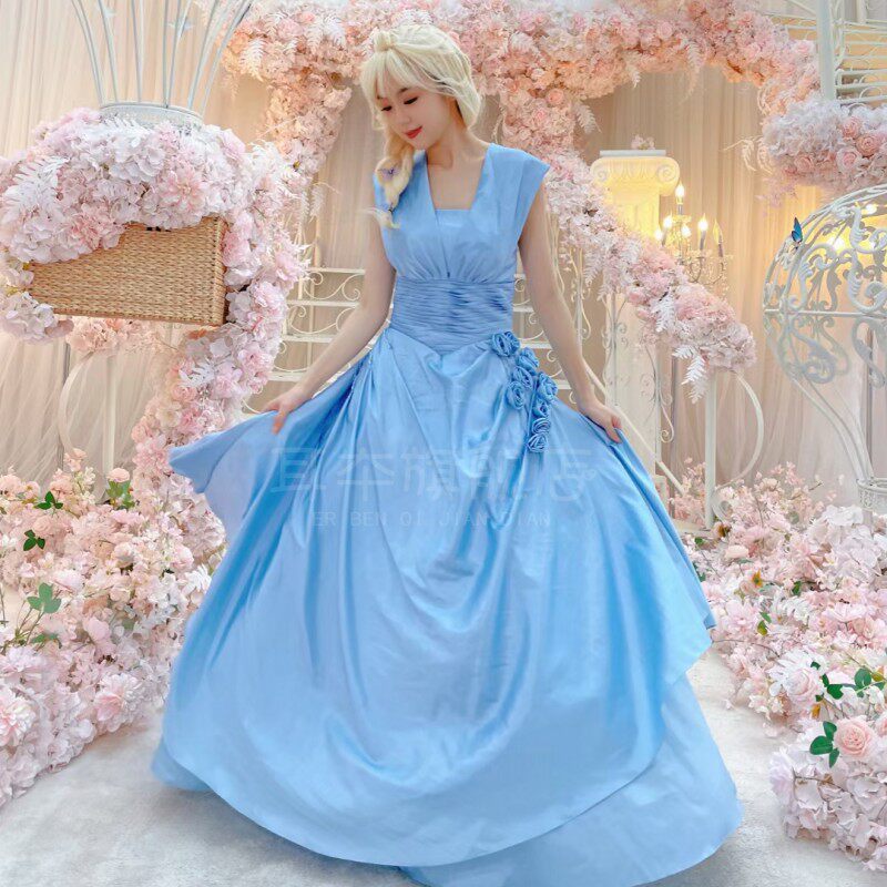 新款影楼旅拍主题甜美天蓝色公主风缎面少女婚纱写真拍照摄影礼服