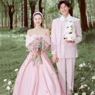 抹胸粉色齐地礼服旅拍情侣婚纱 展会韩版 情侣影楼主题服装 2023新款