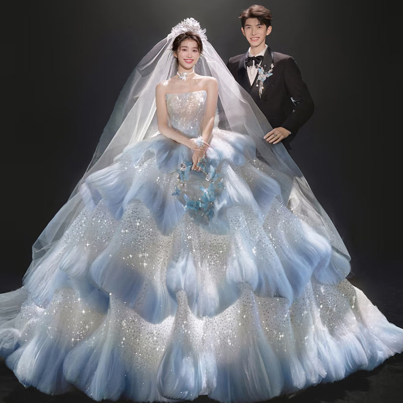 影楼主题蓝水母云朵抹胸婚纱