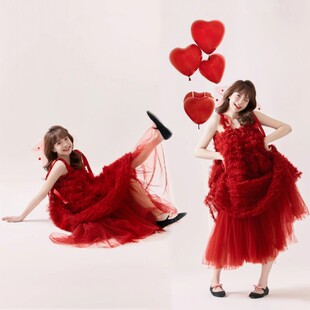 影楼拍照新款红色画报风礼服纱裙少女个性可爱艺术照摄影服装
