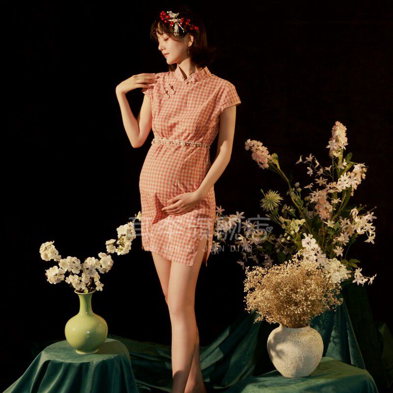 新款影楼孕妇摄影服装民国风复古旗袍时尚修身款孕妈艺术拍照写真