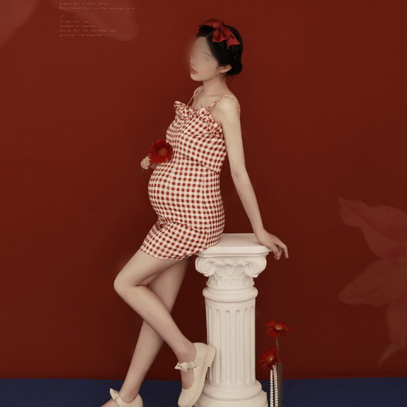 新款孕妇拍照服装复古格子吊带裙唯美性感妈咪艺术照写真影楼服饰
