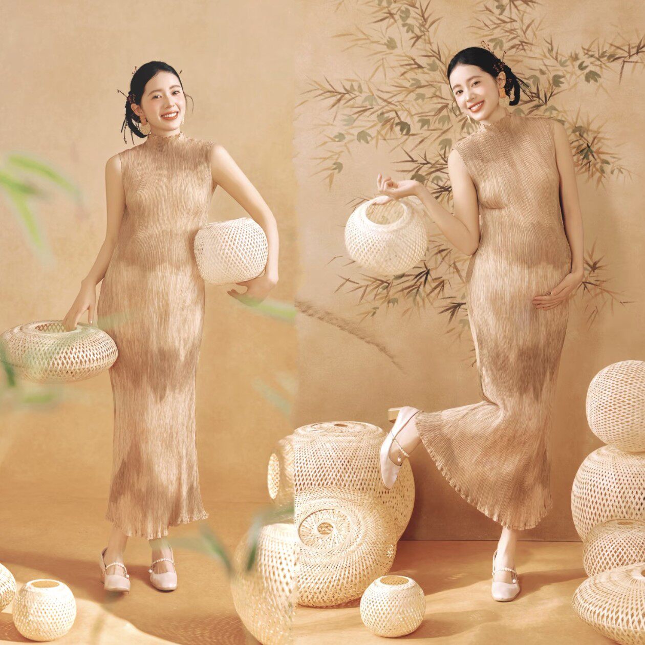影楼新款孕妇照复古新中式写真压皱连衣裙高级感孕妈大肚照摄影服