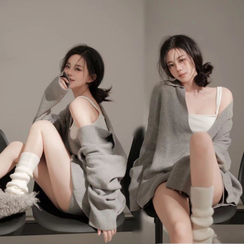 影楼新款韩系纯欲慵懒风主题摄影服灰色肖像针织毛衣艺术照服装