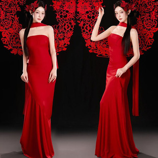 影楼新款艺术照国风主题中式红色高级复古个人连衣裙写真肖像服装