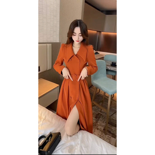 轻奢洋气时尚舒适纯色开衫风衣新款收腰修身显瘦Polo领女款大衣