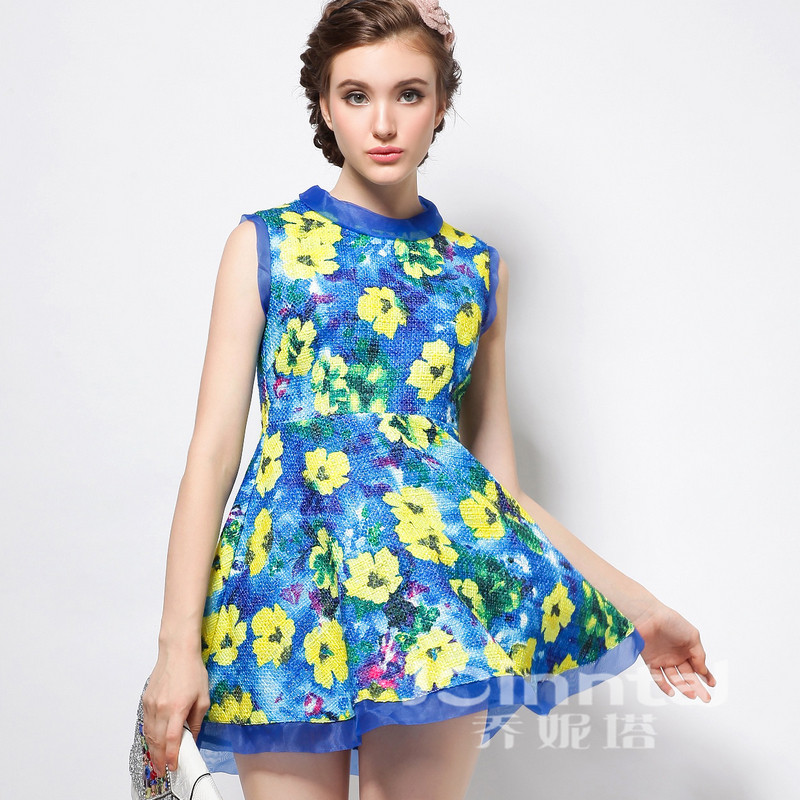 断码清仓特价女装2025秋冬印花欧根纱袖A字无袖裙蓬裙背心连衣裙