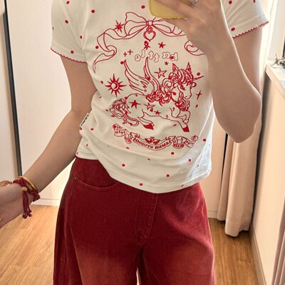 三本针+刺绣+内里铺布支奥代尔克纯棉短袖T恤女