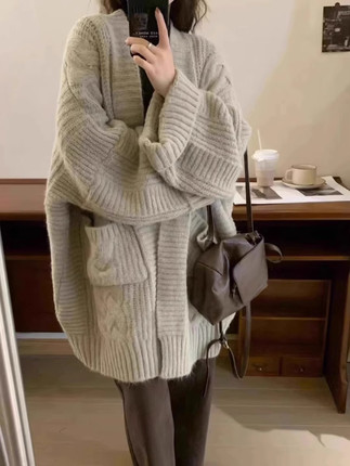 毛衣慵懒风2024年新款宽松针织衫开衫女外套中长款加厚秋冬款外搭