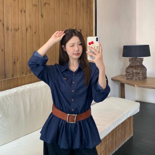 大码胖mm秋季新款韩系减龄花苞仿牛仔衬衫宽松遮肉百搭上衣