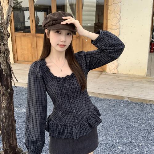 大码秋冬新款法式格子木耳边蝴蝶结衬衫百搭修身显瘦上衣