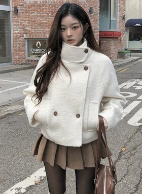 尺寸已更新 韩国chic 冬季双排扣短款毛呢夹棉里保暖夹克外套