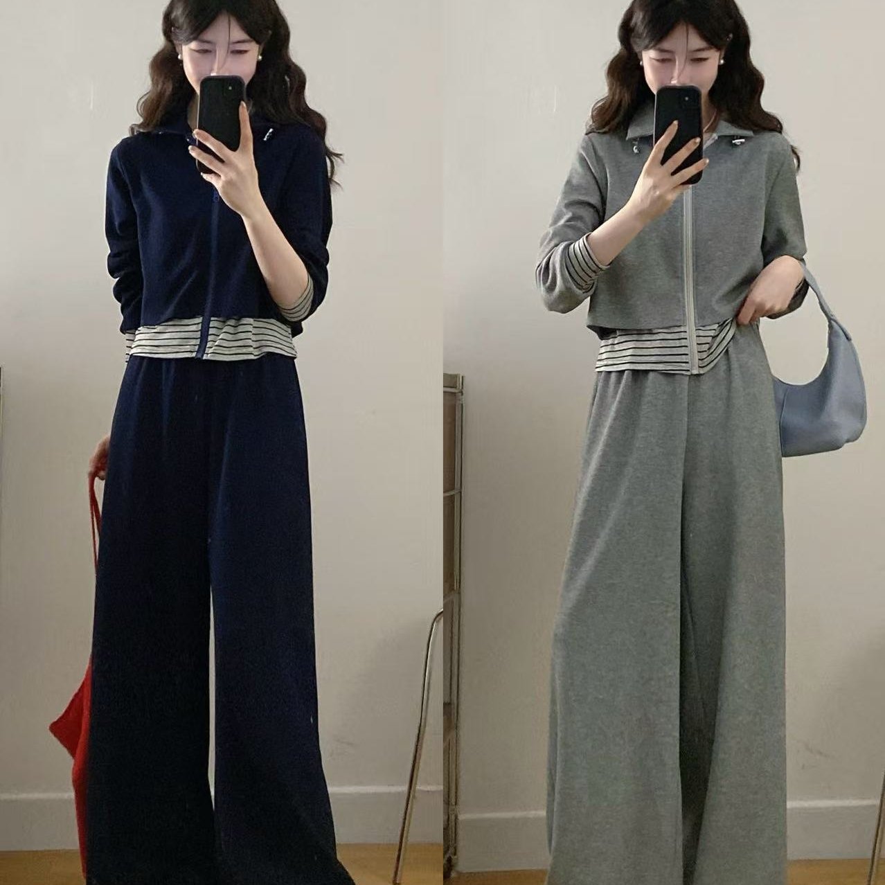 大码女装韩系休闲条纹拼接假两件上衣宽松阔腿裤两件套