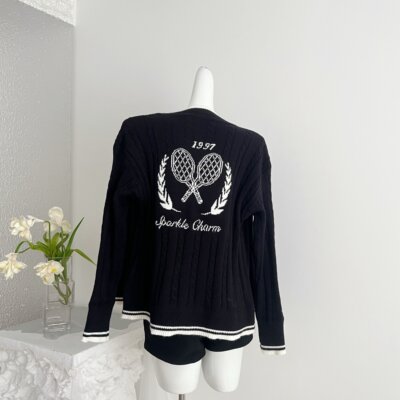 Skk Store Rich运动老钱 美式棉纱绞花手绘刺绣毛衣开衫/背心