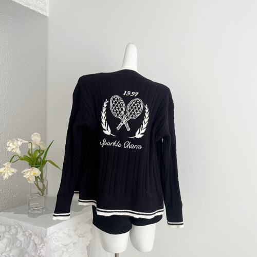 Skk Store Rich运动老钱 美式棉纱绞花手绘刺绣毛衣开衫/背心