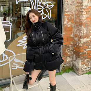 圣诞新款棉服女抽绳收腰中长款亮面韩版宽松冬季小个子棉衣网红