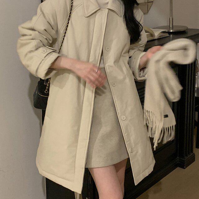韩国chic 冬季气质系带保暖中长款棉服大衣外套